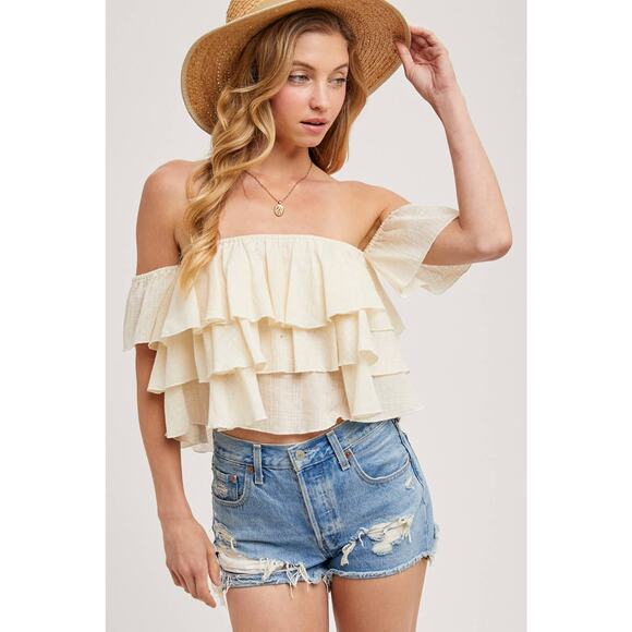 Textured Off The Shoulder Tiered Crop Top-Large - Picture 1 of 6
